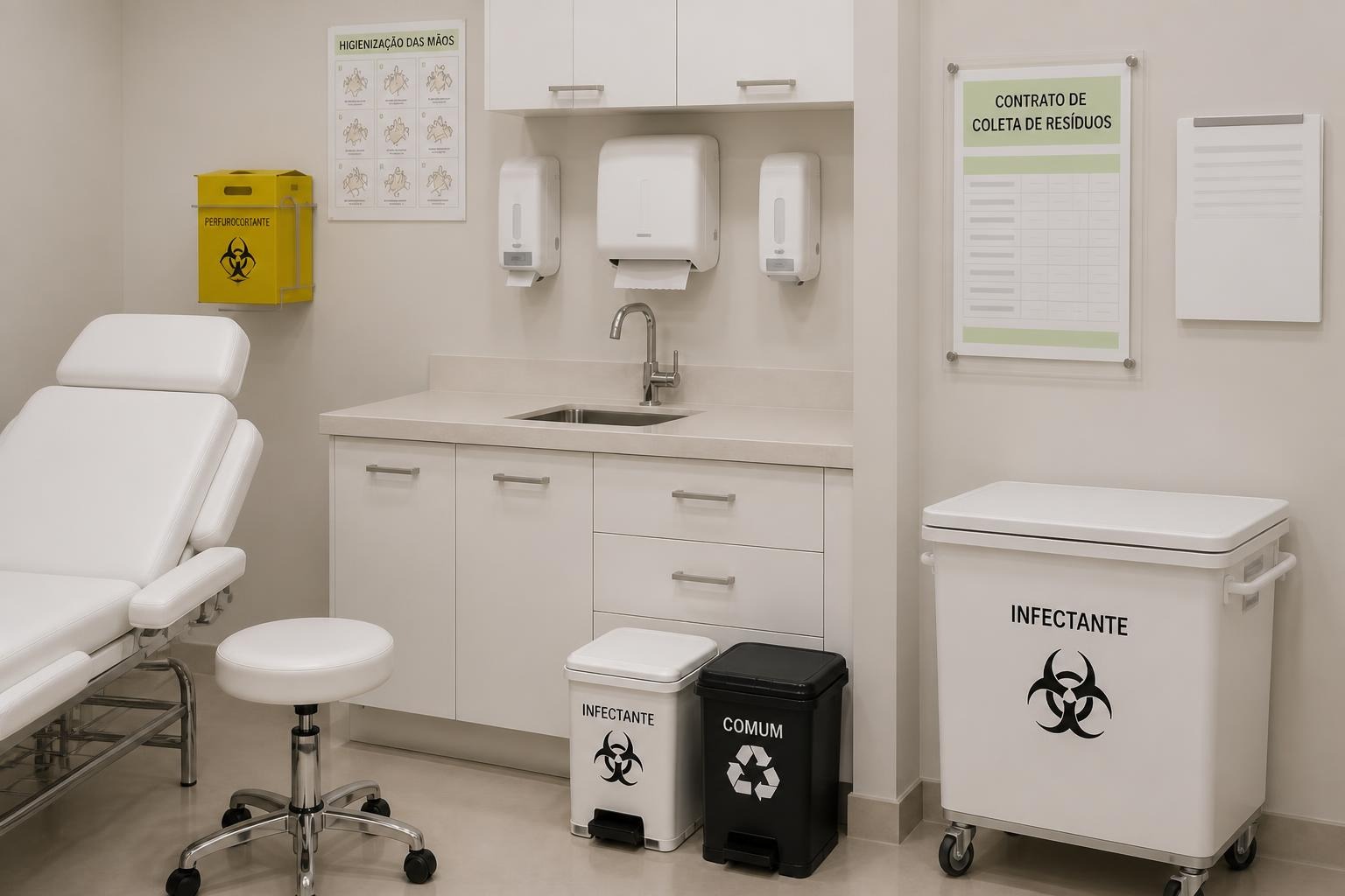 Sala de procedimento de clínica com quadro do contrato de coleta de resíduos, coletor de perfurocortante no suporte, lixeiras identificadas com pedal e pia com cartaz de higienização das mãos