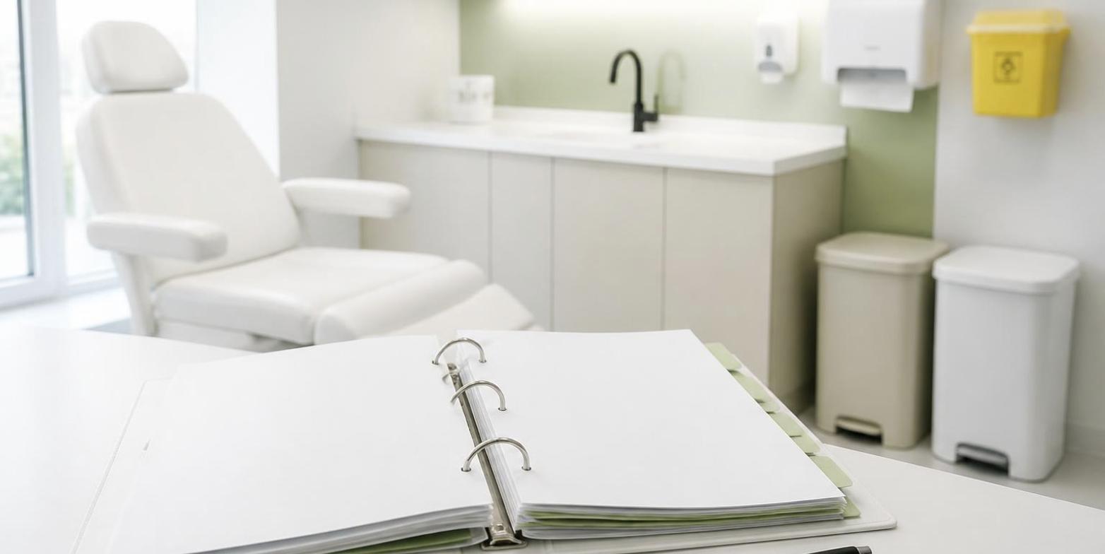 Pasta sanitária organizada sobre a bancada de uma clínica de estética, com coletor de perfurocortante fixado na parede e lixeiras com pedal
