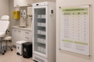 Registro de temperatura da geladeira na clínica: quadro de controle de temperatura ao lado da geladeira de medicamentos com termômetro de máxima e mínima