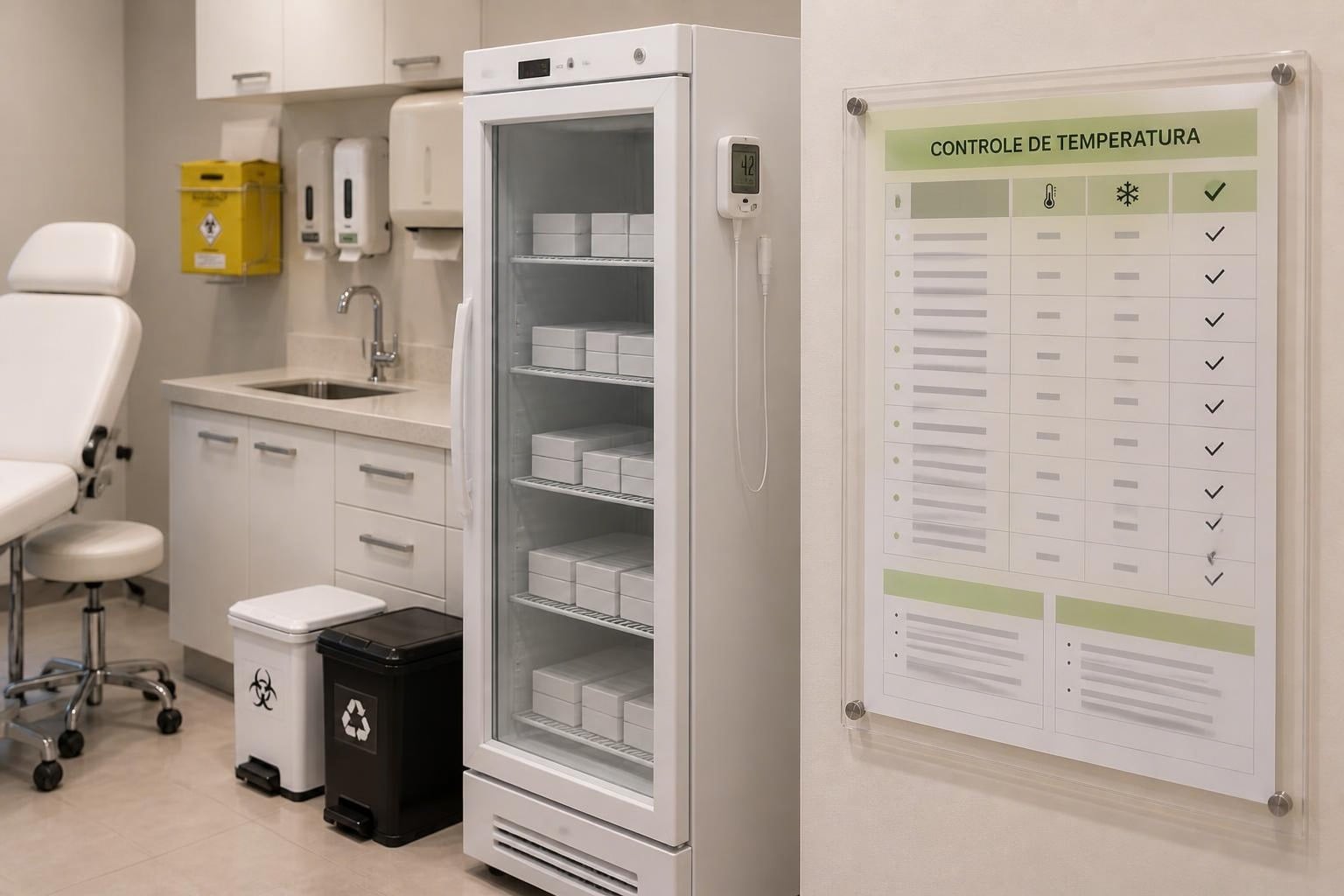 Registro de temperatura da geladeira na clínica: quadro de controle de temperatura ao lado da geladeira de medicamentos com termômetro de máxima e mínima