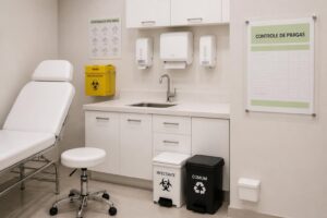 Controle de pragas na clínica: quadro com o registro afixado na sala de procedimento, pia com cartaz de higienização das mãos, coletor perfurocortante e lixeiras identificadas