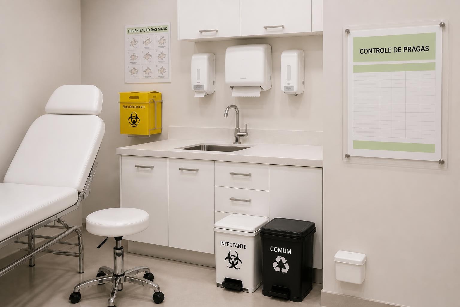 Controle de pragas na clínica: quadro com o registro afixado na sala de procedimento, pia com cartaz de higienização das mãos, coletor perfurocortante e lixeiras identificadas