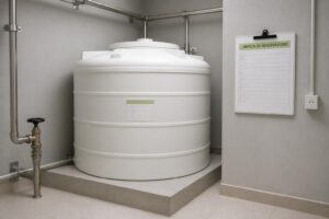 Limpeza do reservatório de água: caixa d'água tampada em sala técnica limpa, com planilha de registro da limpeza na parede