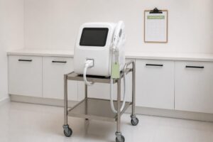 Manutenção preventiva de equipamentos: aparelho de estética em carrinho inox com etiqueta de revisão e prancheta de manutenção na parede da clínica