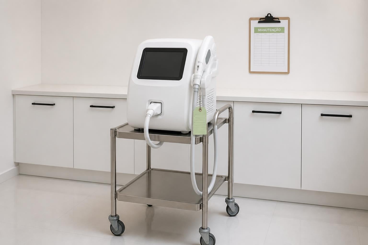 Manutenção preventiva de equipamentos: aparelho de estética em carrinho inox com etiqueta de revisão e prancheta de manutenção na parede da clínica