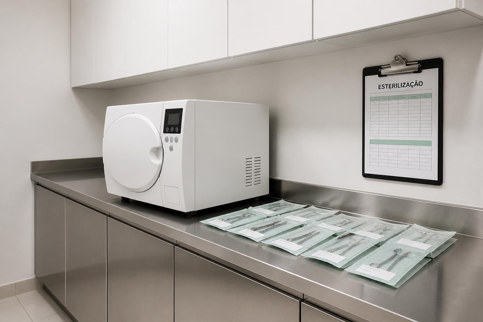 Registro de esterilização na clínica: autoclave de bancada, embalagens etiquetadas e planilha de esterilização na parede