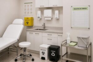 Sala de procedimento de clínica com quadro de registro de limpeza e desinfecção, pia com cartaz de higienização das mãos, coletor de perfurocortante e lixeiras identificadas