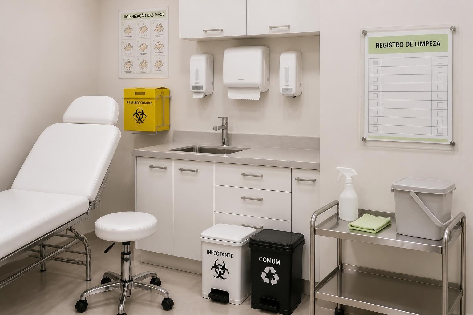 Sala de procedimento de clínica com quadro de registro de limpeza e desinfecção, pia com cartaz de higienização das mãos, coletor de perfurocortante e lixeiras identificadas