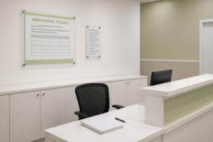 Quadro de acrílico com o documento do responsável técnico na recepção de uma clínica