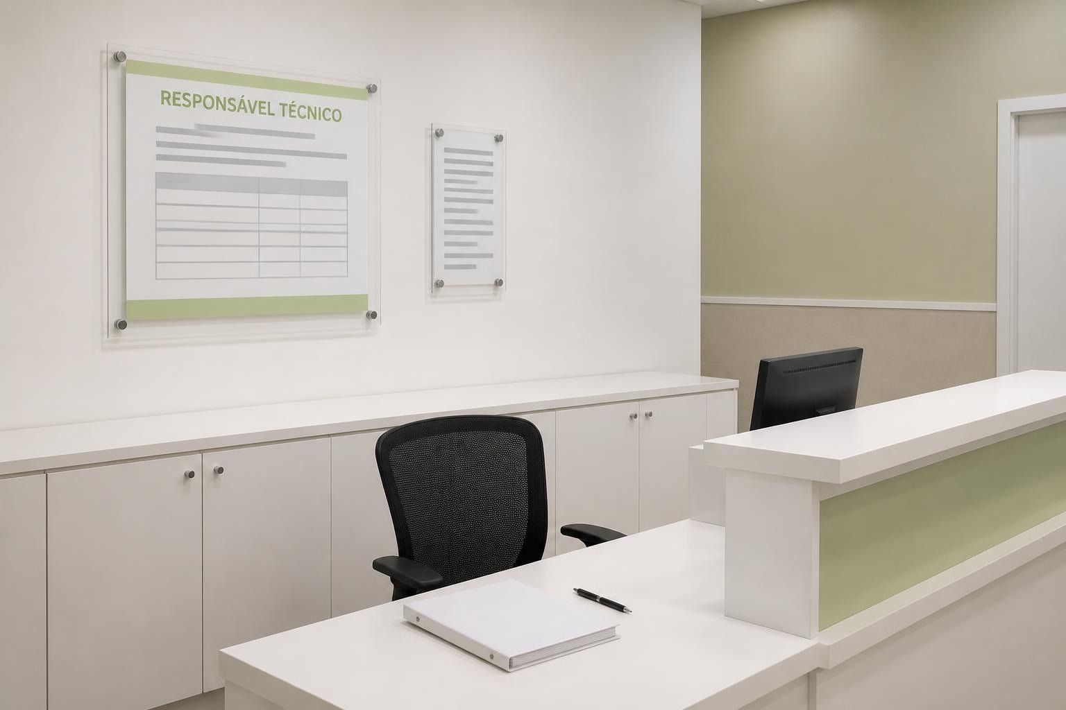 Quadro de acrílico com o documento do responsável técnico na recepção de uma clínica